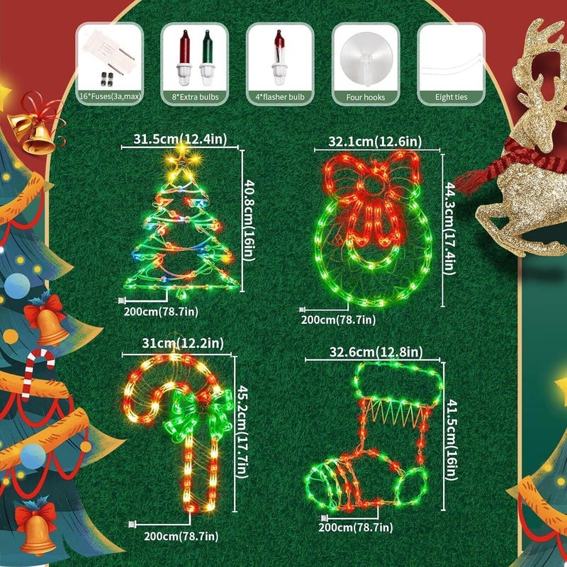 Just-pro 4 Pack Christmas Window Silhouette Lights, Lighted Candy Cane,Christmas Tree,Wreath and Christmas Stocking of Double Sided Decorations with 200 Count Incandescent Mini Light - Image 2